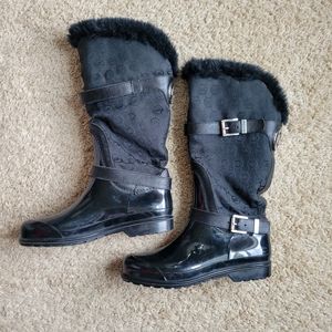 Michael Kors 8 Signature Boots Black Rubber Rain Monogram Buckle Fur Lined Snow